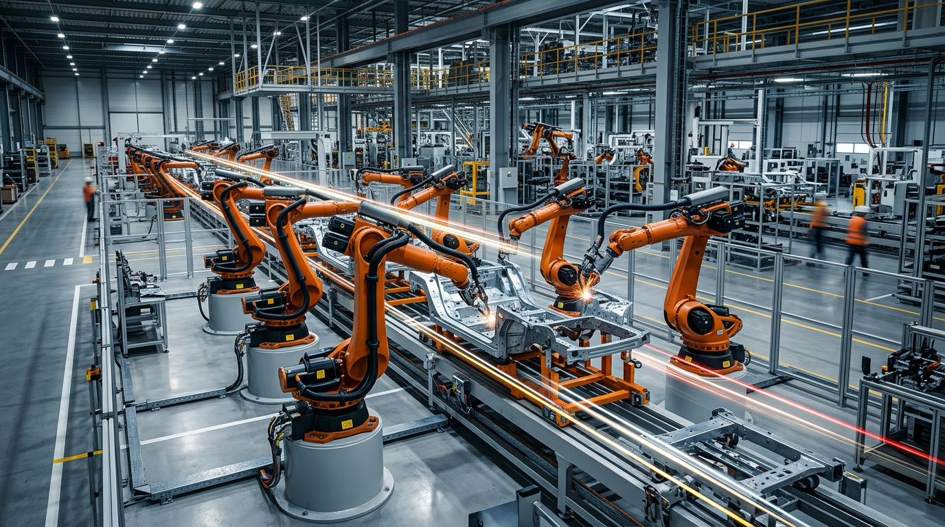 Planta industrial moderna con brazos robóticos en línea de ensamble.