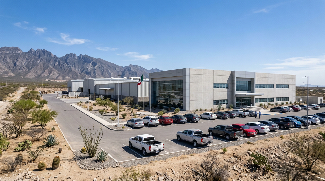 Exterior de planta industrial moderna en entorno semiárido del noroeste de México.